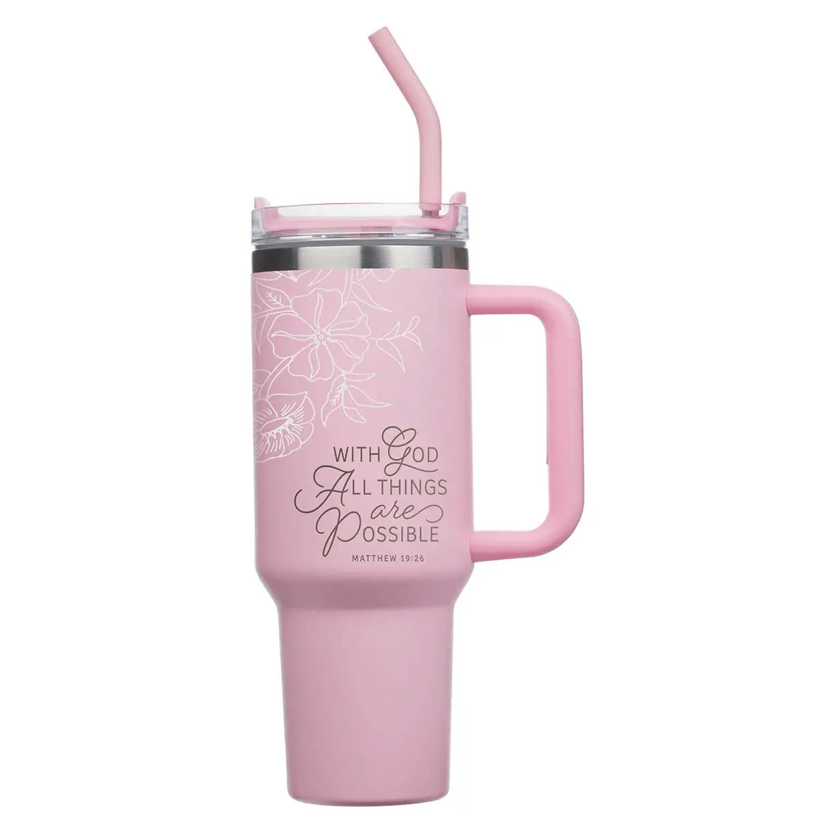 Pink tumbler lettered with Matthew 19:26