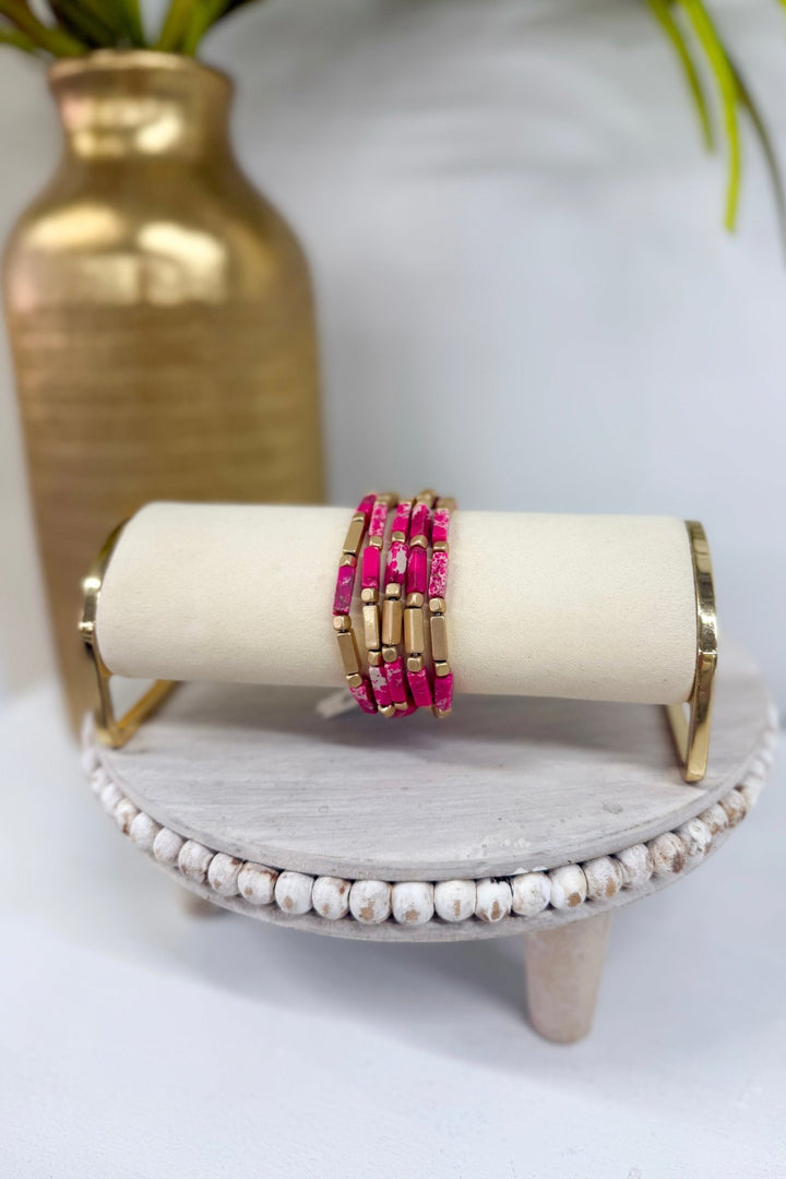 Pink zebra patterned five-row stone bracelet
