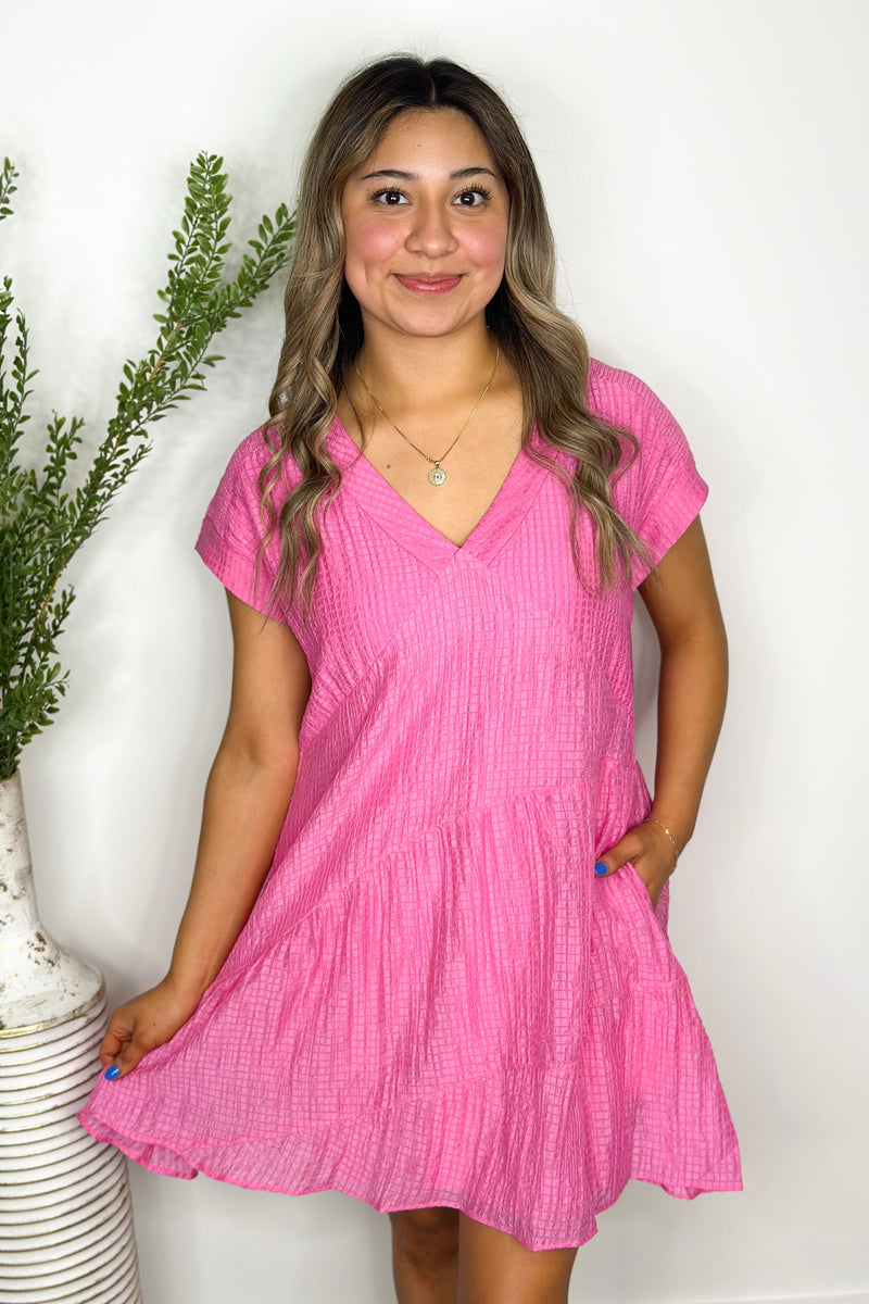 Hot Pink Sheer Texture V-Neck Dress