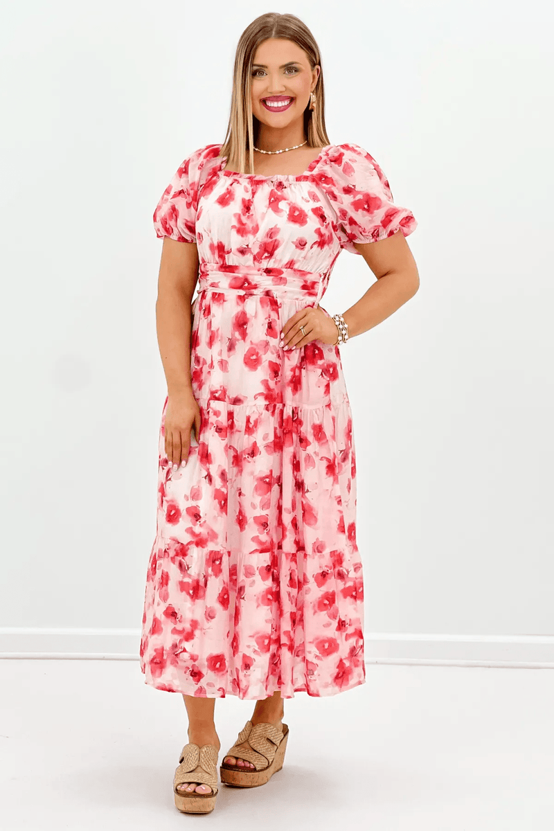 affordable dresses for women Red Floral Square Neck Dress | Boutique Dress Bust:28