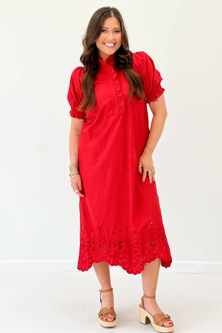 Red midi dress with puff sleeves and a scalloped neckline
