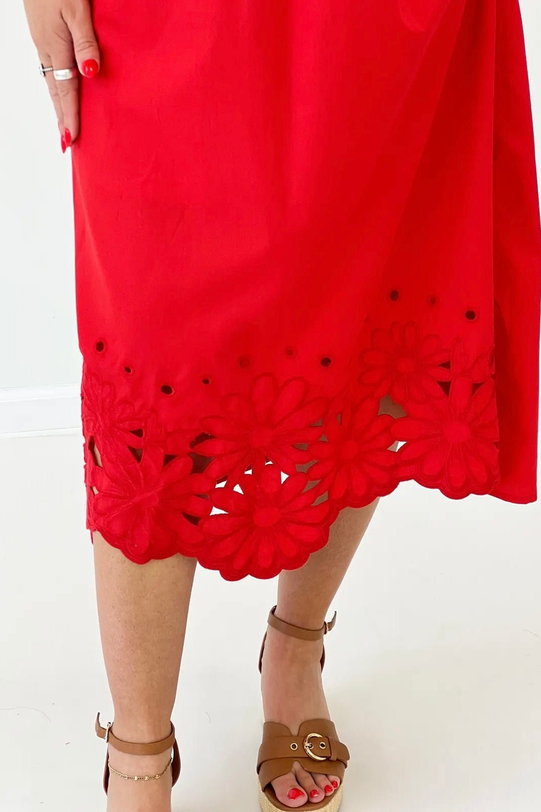 Red button front midi dress with voluminous puff sleeves
