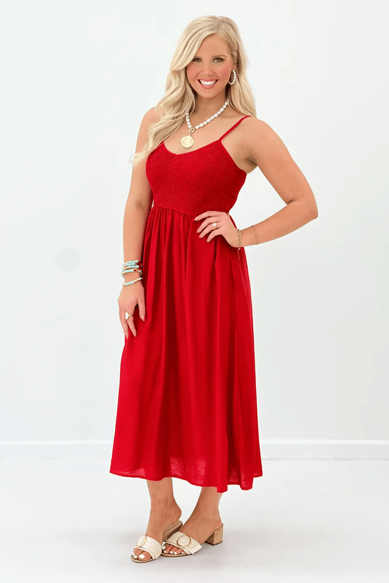red smocked maxi dress Textured Bodice | Affordable Boutique Dress for Women slot:12:30pm Elevate your wardrobe with tag:[nurse] Black Halter Plunge Mini