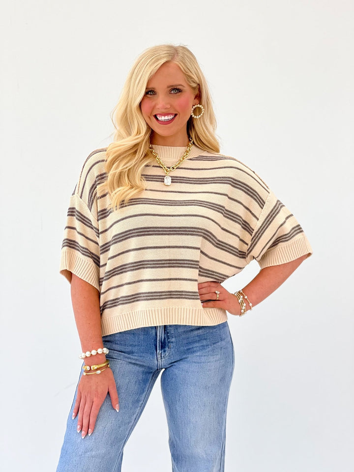 She+Sky Drop Half Sleeve Round Neck Striped Knit Sweater Top - Lavish Boutique01-TOPS