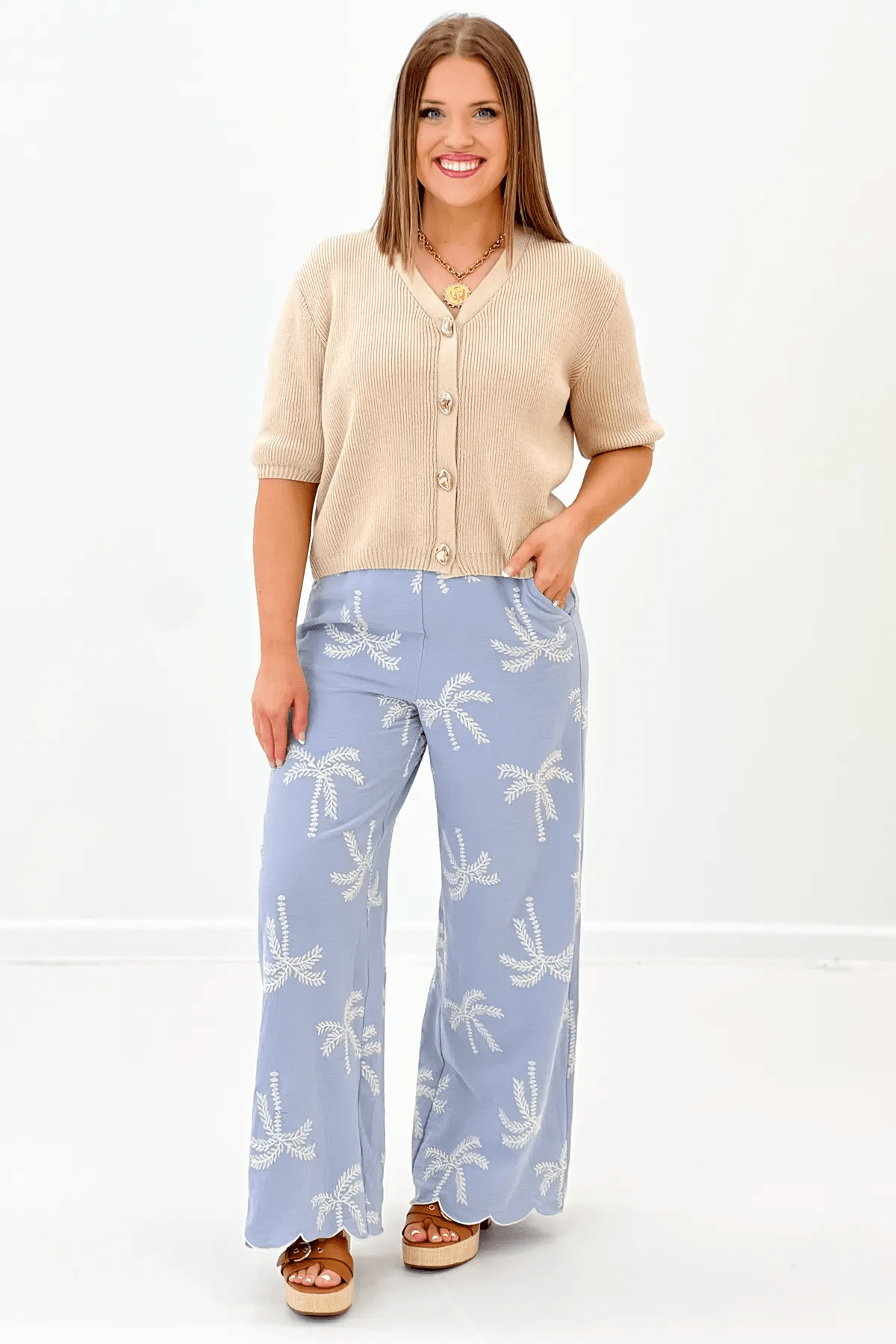 Sky Blue Palm Tree Detail Pant - Lavish Boutique Bottoms