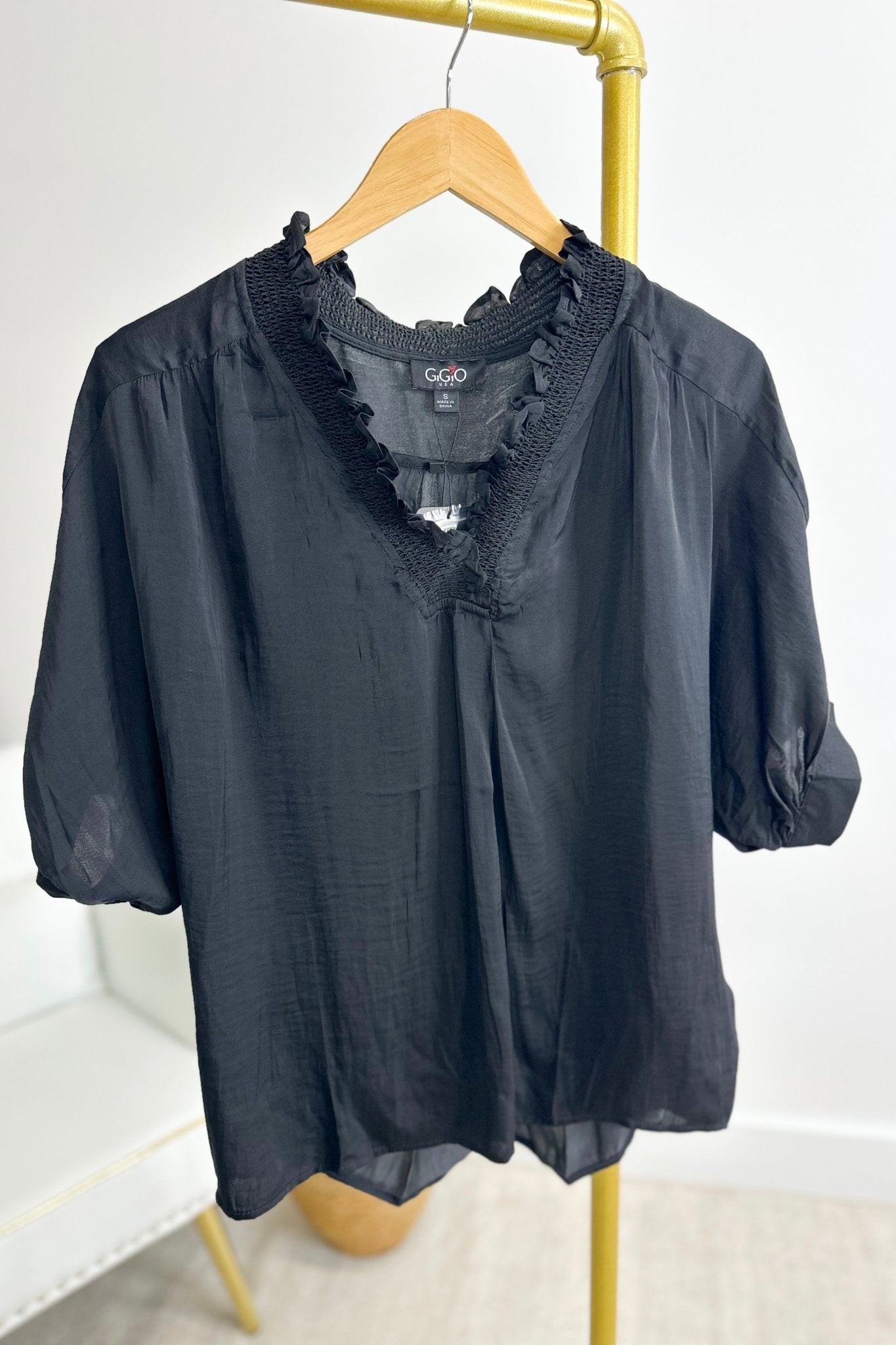 TE2032 Black Washed Satin Smocked Collar Top - Lavish Boutique100 Short Sleeve