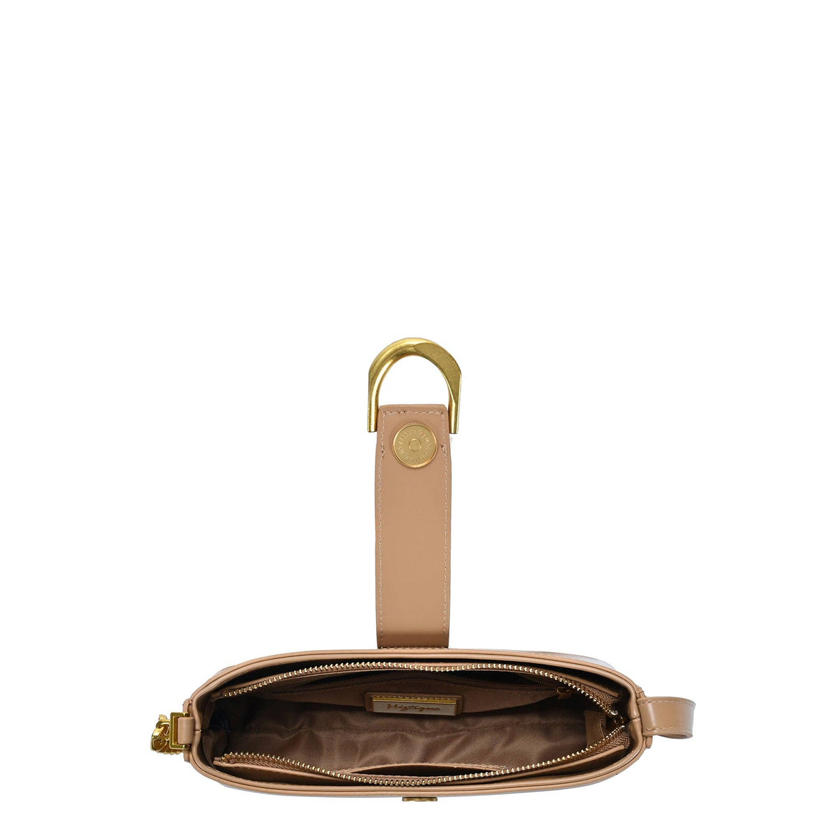 Beige shoulder bag open at top with gold zipper and leather strap