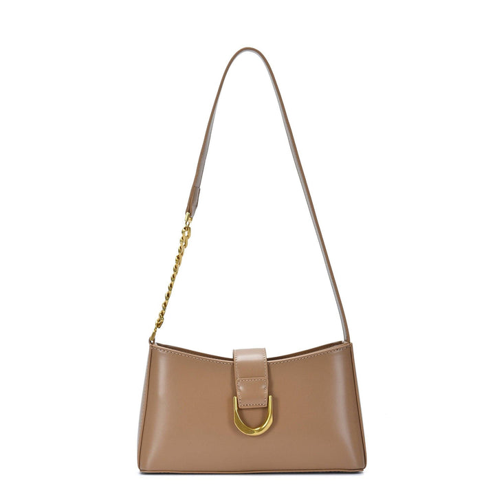 Beige leather shoulder bag with gold chain strap and front buckle detail