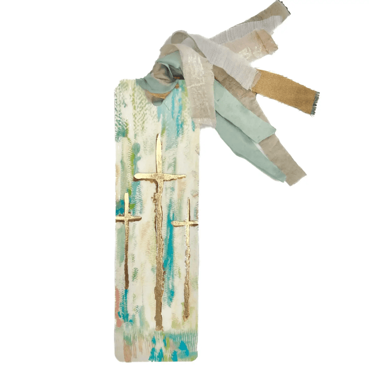 Bible bookmark with three golden crosses and a hanging tassel