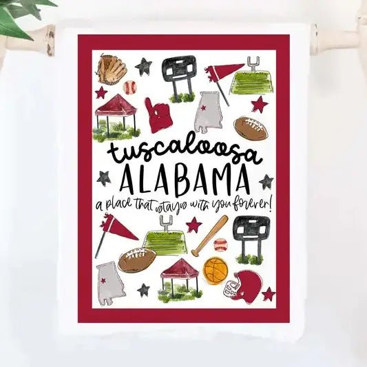 Tea towel with a Tuscaloosa, Alabama multi-sport illustration