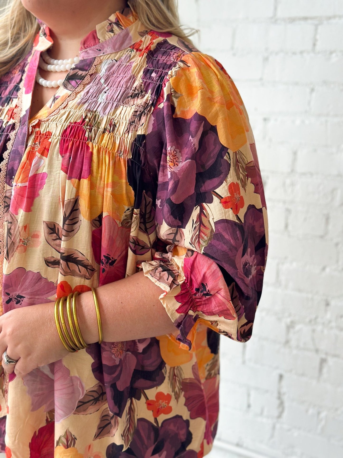 Umgee Floral Print Smocked Button Down Top - Lavish Boutique01-TOPS