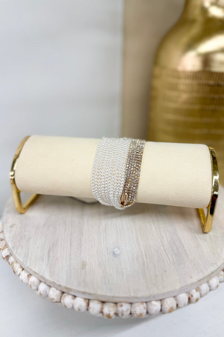 White 16-row rhinestone and pearl bracelet