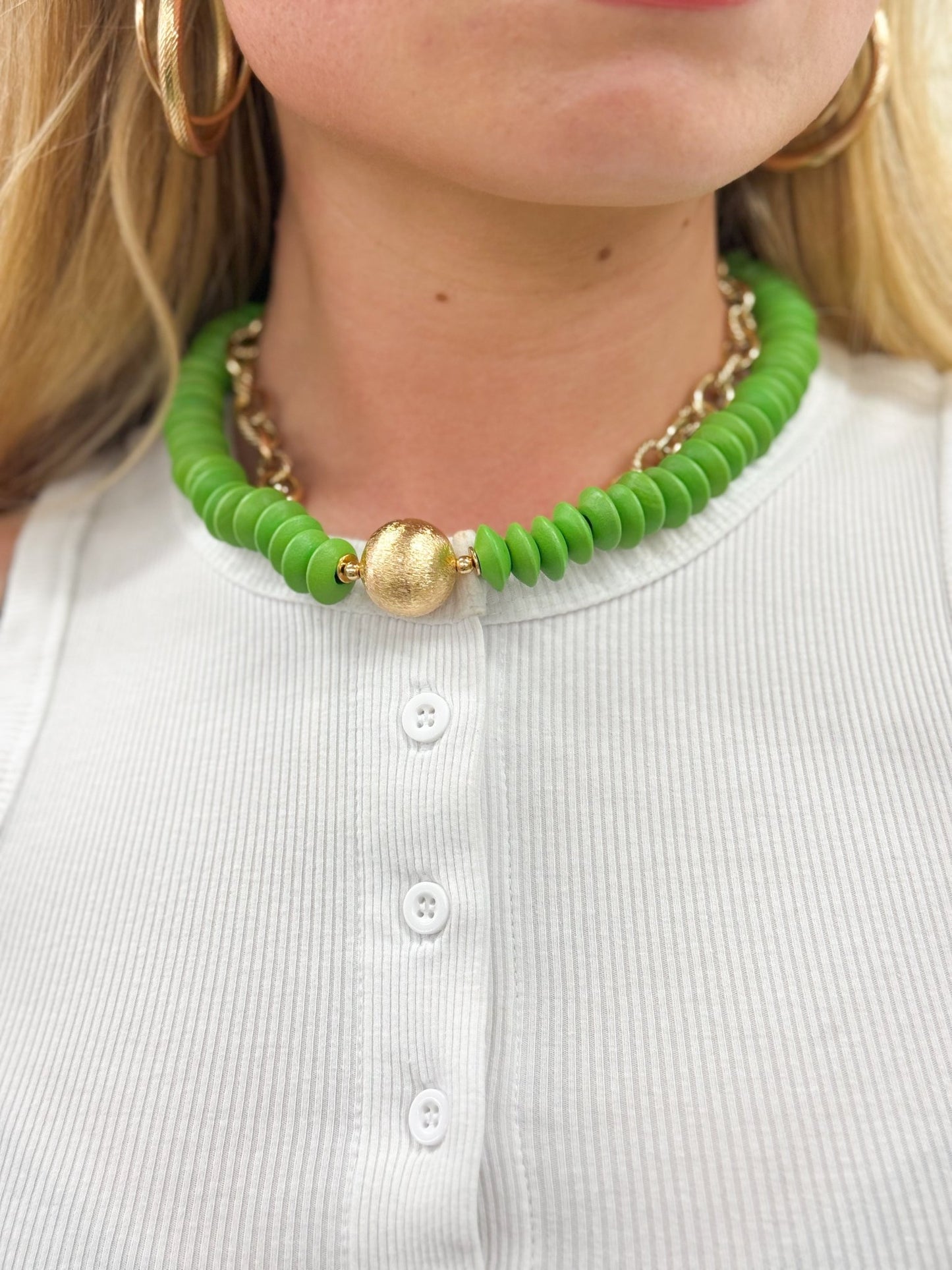 Single-strand green wood bead necklace