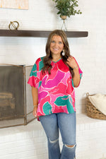 Pink and Turquoise Printed Boxy Top