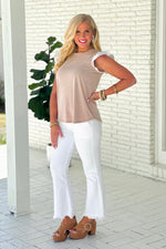 Taupe Ruffle Striped Short Sleeve Top