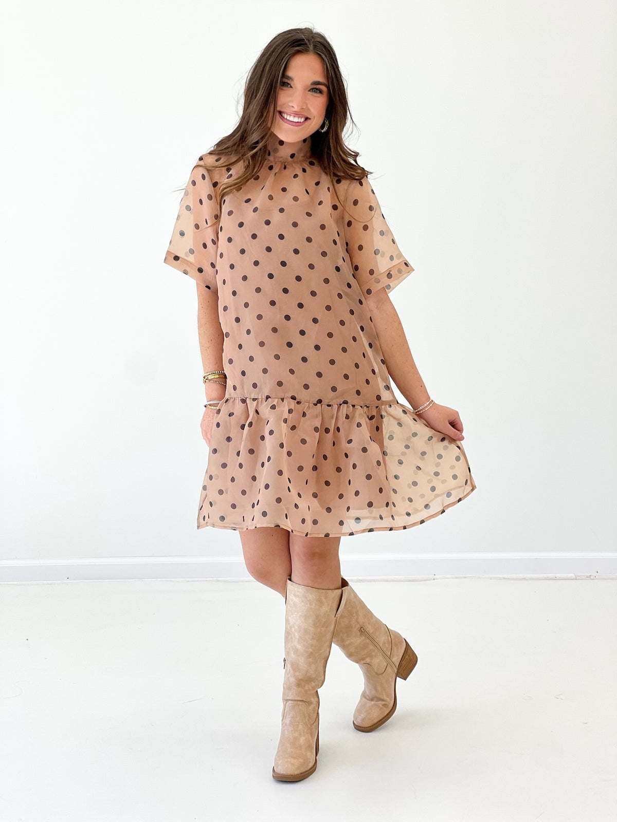 Ecru polka dot mini dress with flutter sleeves and tiered ruffle skirt