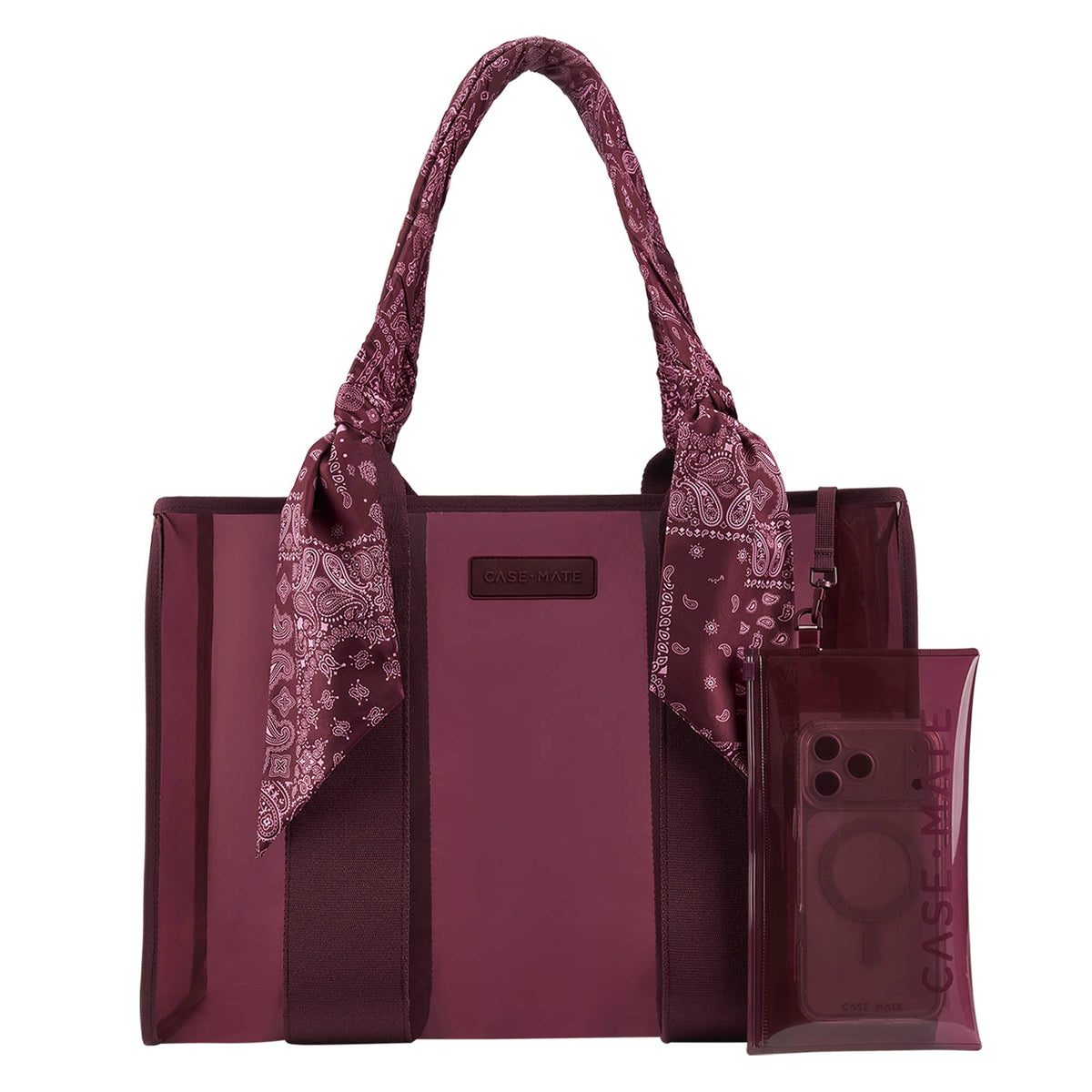 Burgundy jelly tote bag with transparent front panel and patterned bow handles