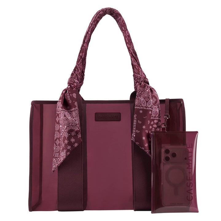 Burgundy jelly tote bag with transparent front panel and patterned bow handles