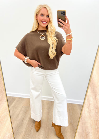 Taupe short sleeve scuba dolman top with wide dolman sleeves and round neck