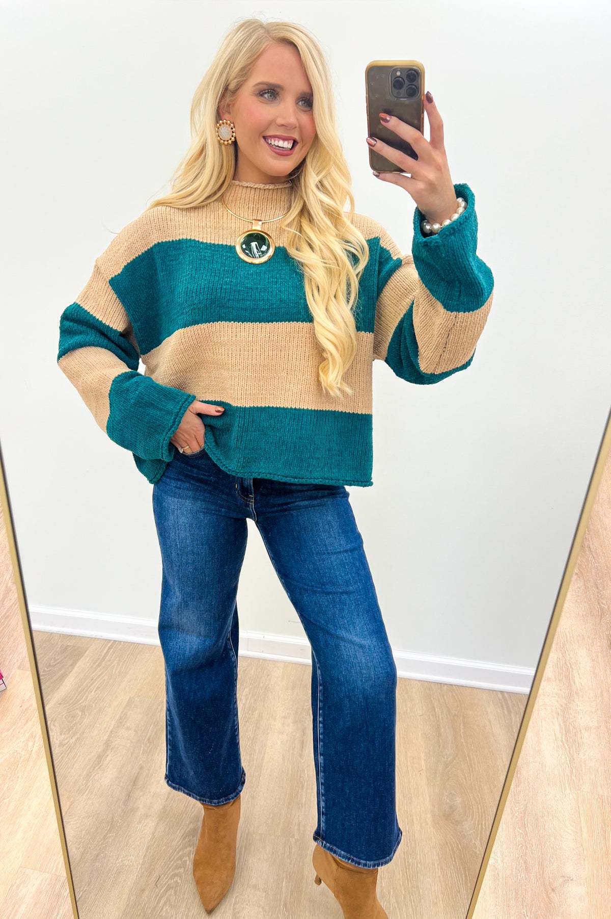 Chenille mock neck sweater in sand and teal stripes, long sleeves, ribbed collar