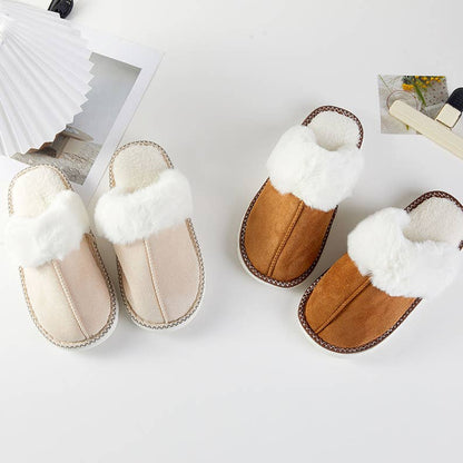 Camel suede-look slippers with white faux fur lining