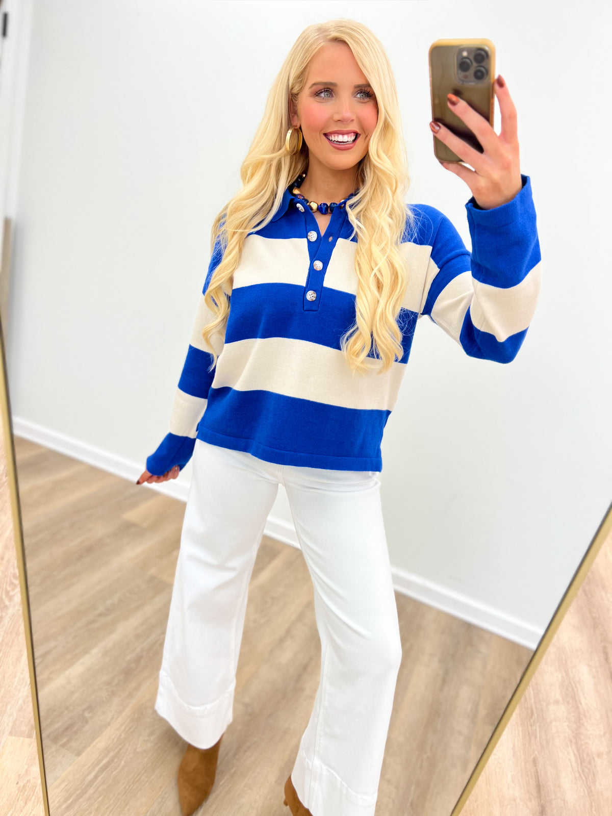 Blue and cream striped collared button-up sweater, buttoned placket, long sleeves