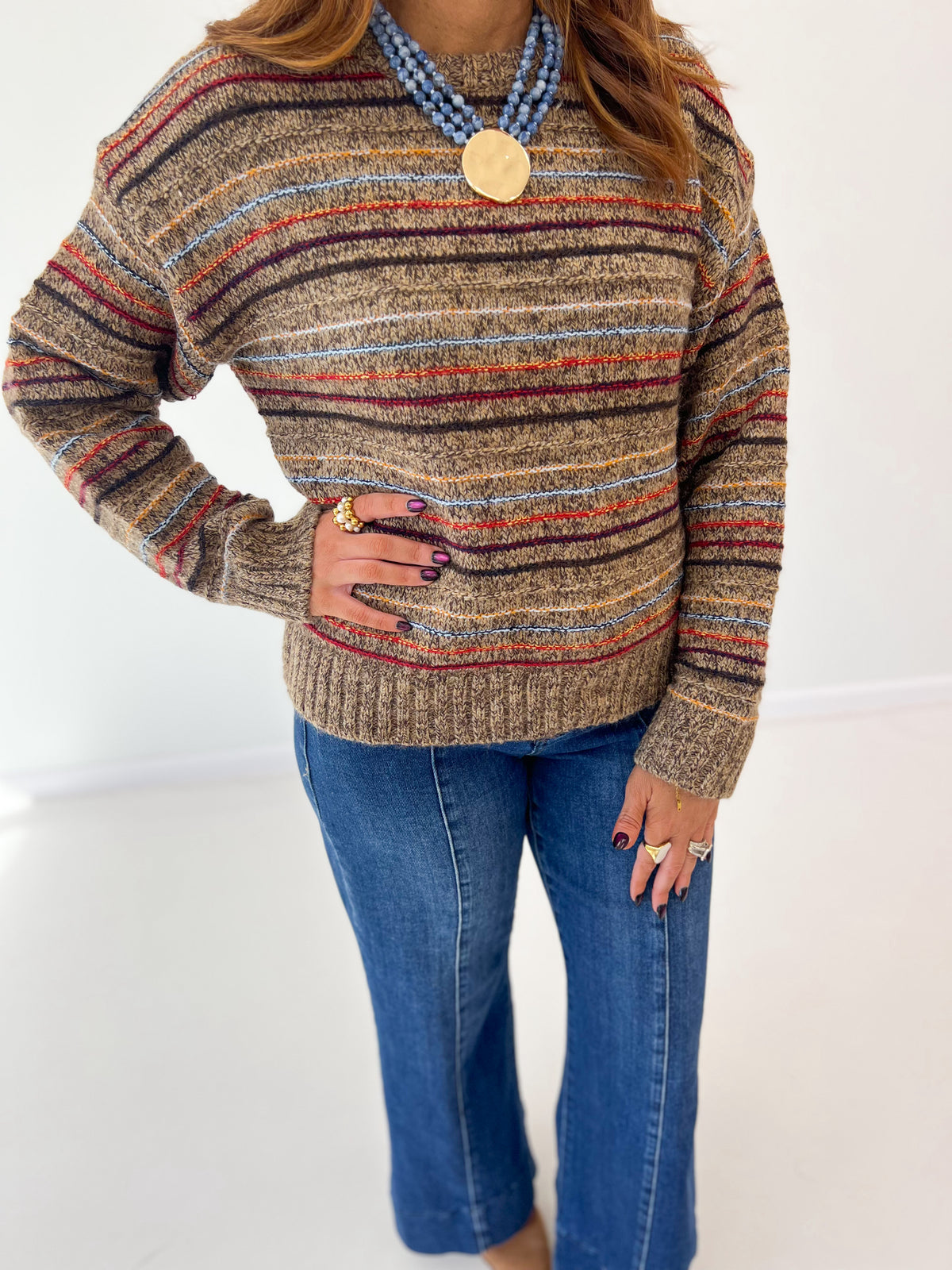 Striped brushed knit sweater, crewneck, long sleeves, ribbed hem; multicolor thin stripes