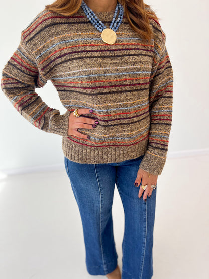 Striped brushed knit sweater, crewneck, long sleeves, ribbed hem; multicolor thin stripes