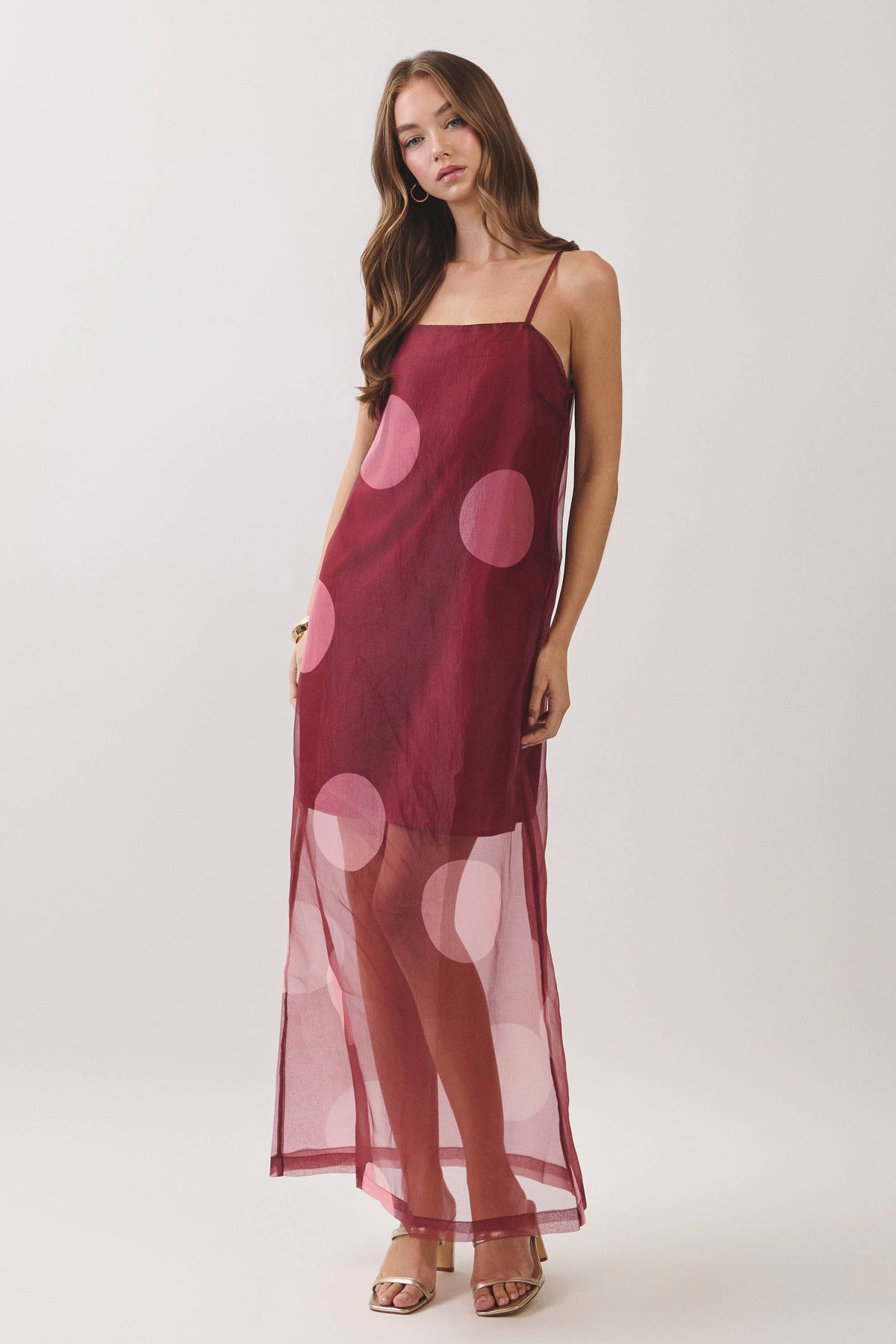 Pretty Follies Polka Dot Sheer Overlay Maxi Dress in Burgundy