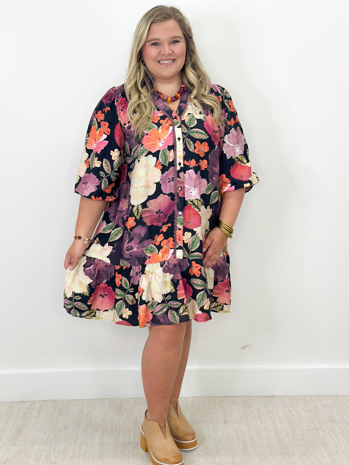 Floral button-front mini dress with smocked yoke and tiered skirt, short sleeves