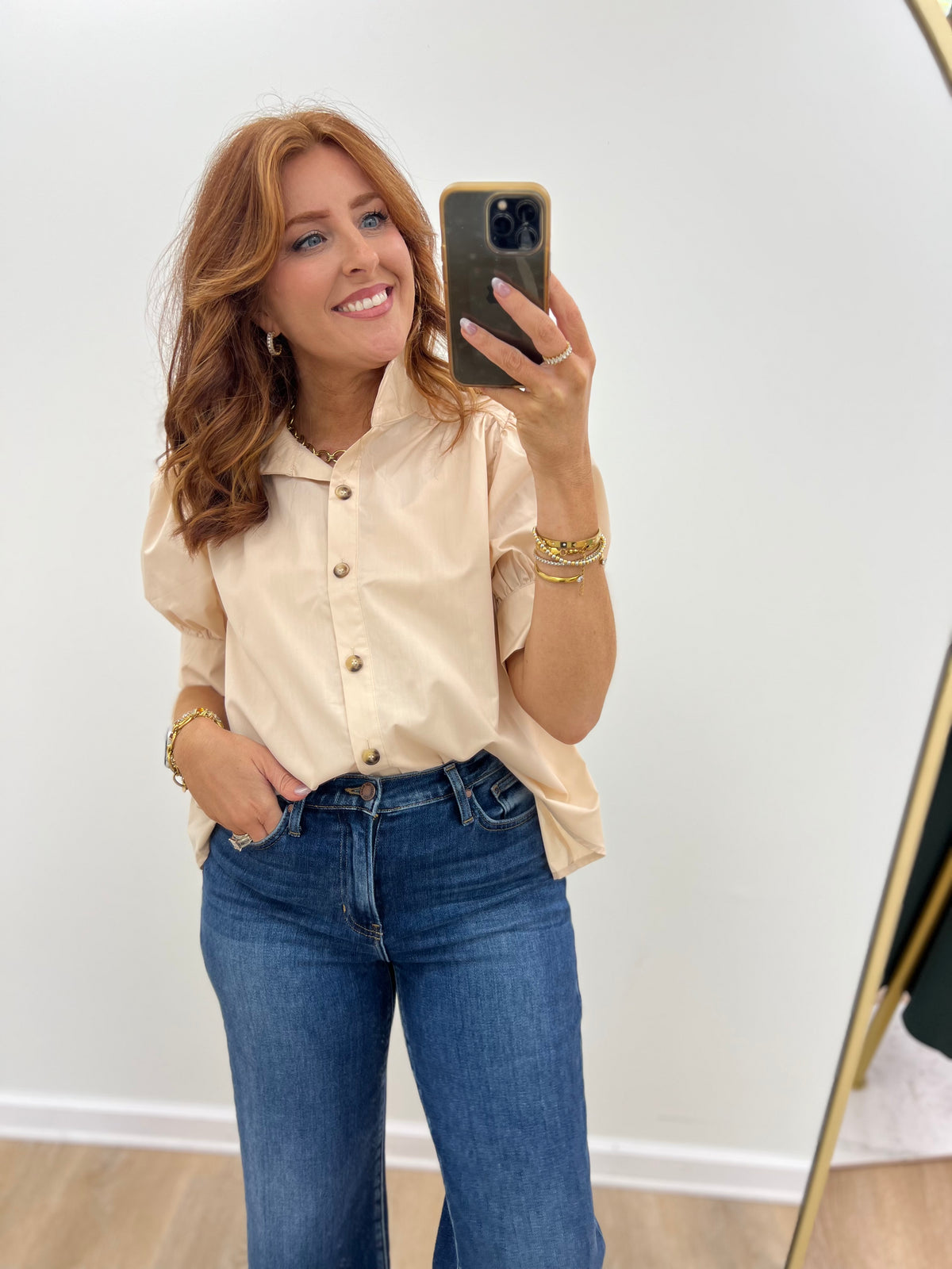 Ecru puff-sleeve button-down blouse with collar and front button detail