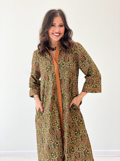 Olive floral midi dress with contrast button front placket and long sleeves