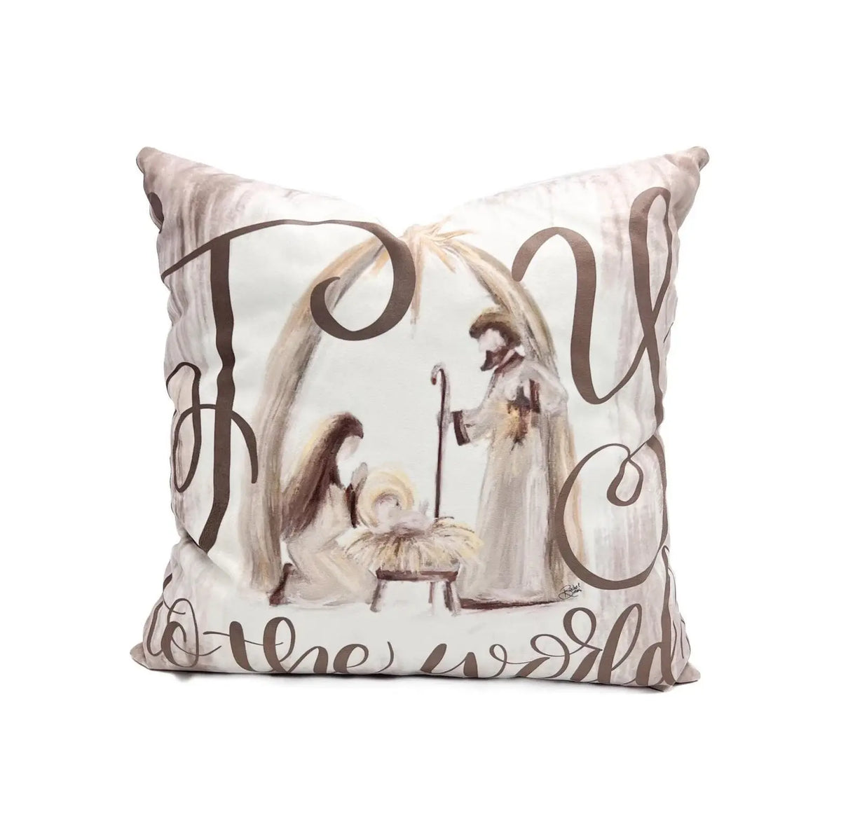 Velvet nativity-themed throw pillow with cream and brown illustration