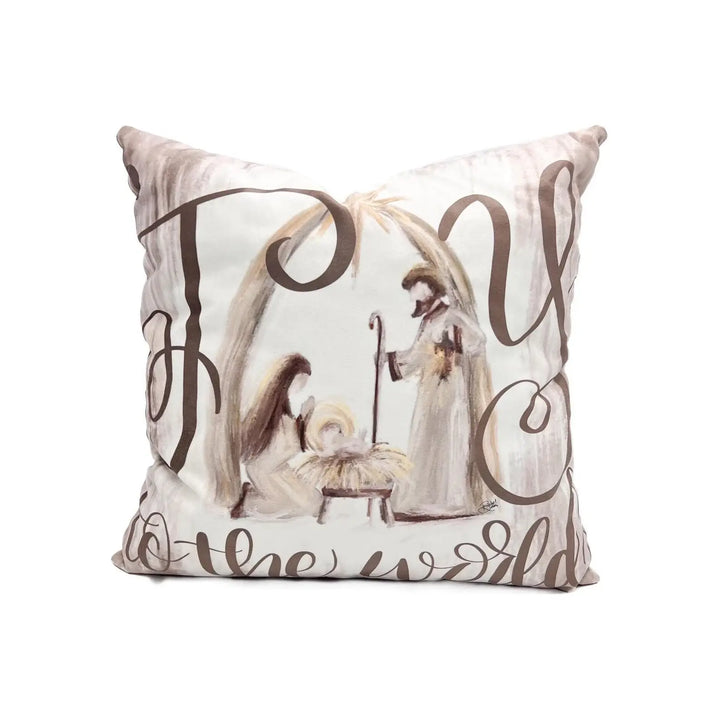 Velvet nativity-themed throw pillow with cream and brown illustration