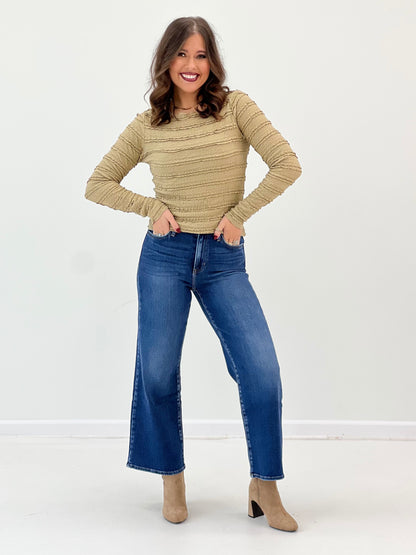 Layered ruffle lace top with crew neckline, long sleeves, light tan