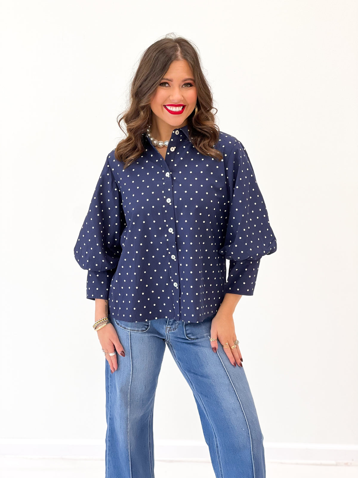 Jodifl Polka Dot Bishop Sleeve Button Down Top