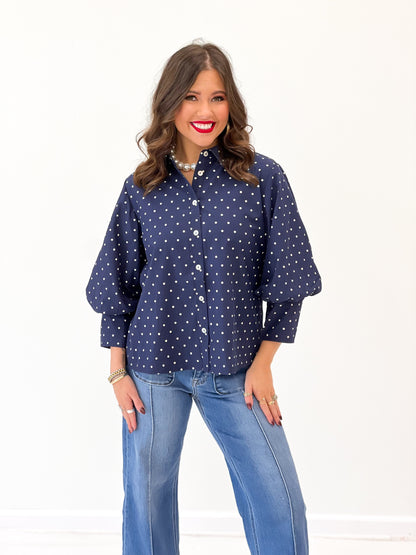 Jodifl Polka Dot Bishop Sleeve Button Down Top