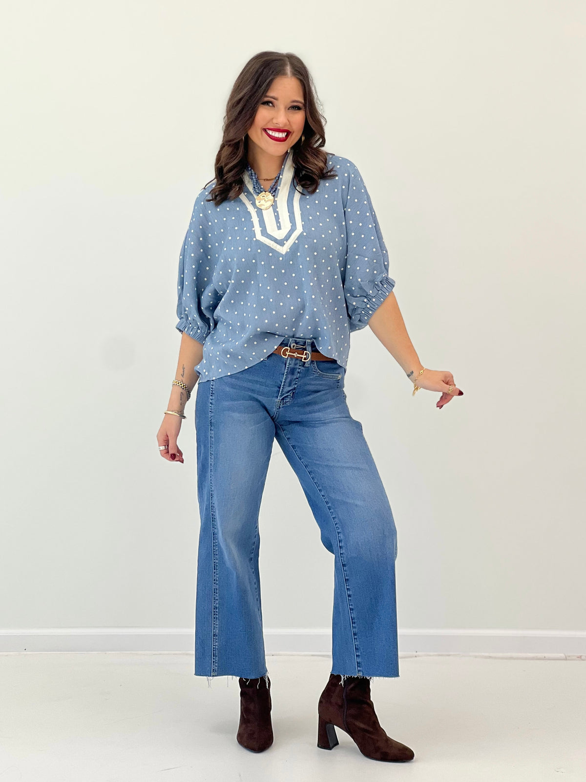 Heimish Polka Dot Contrast V-Neck Top