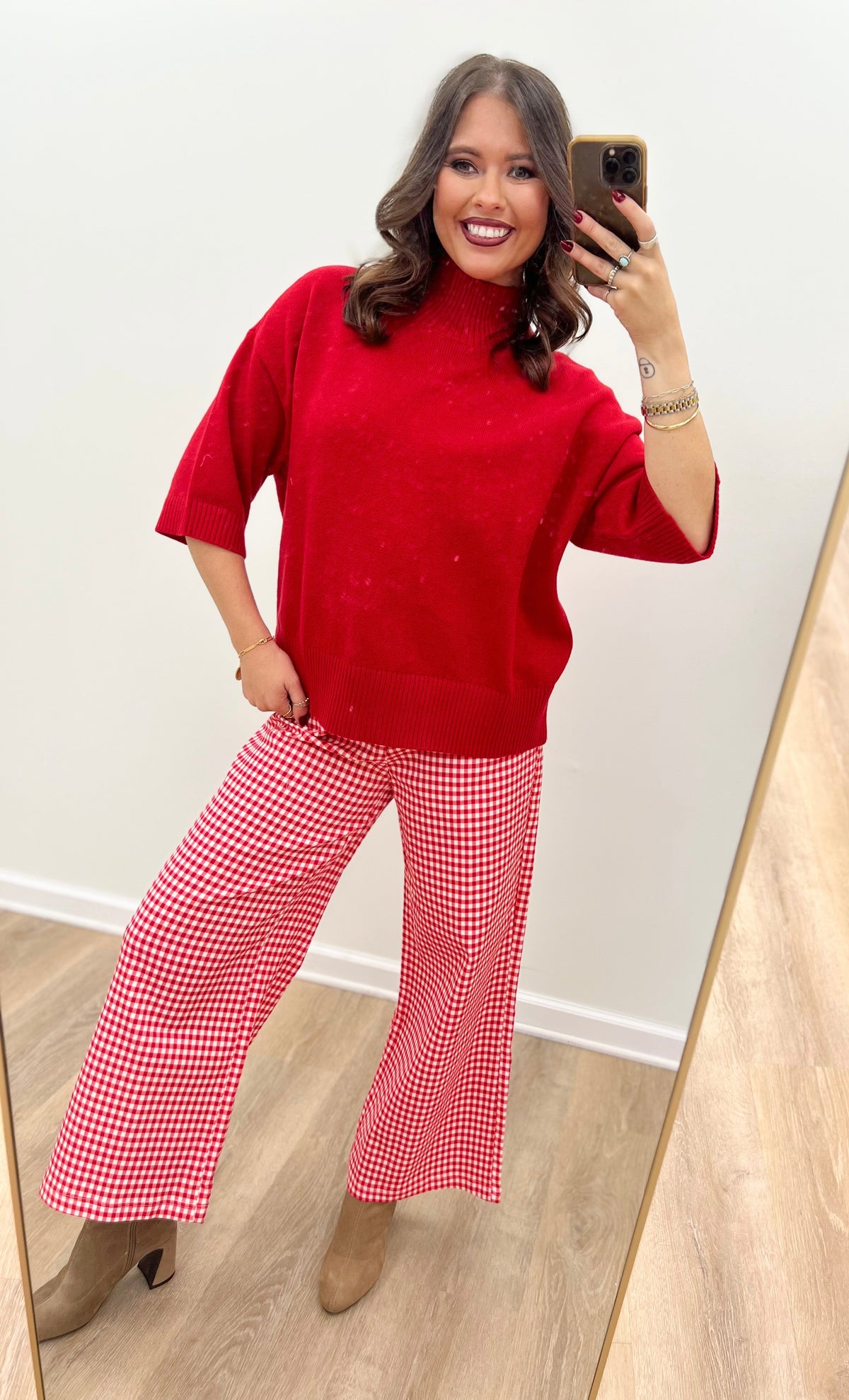 Red mock neck short-sleeve sweater with loose knit texture