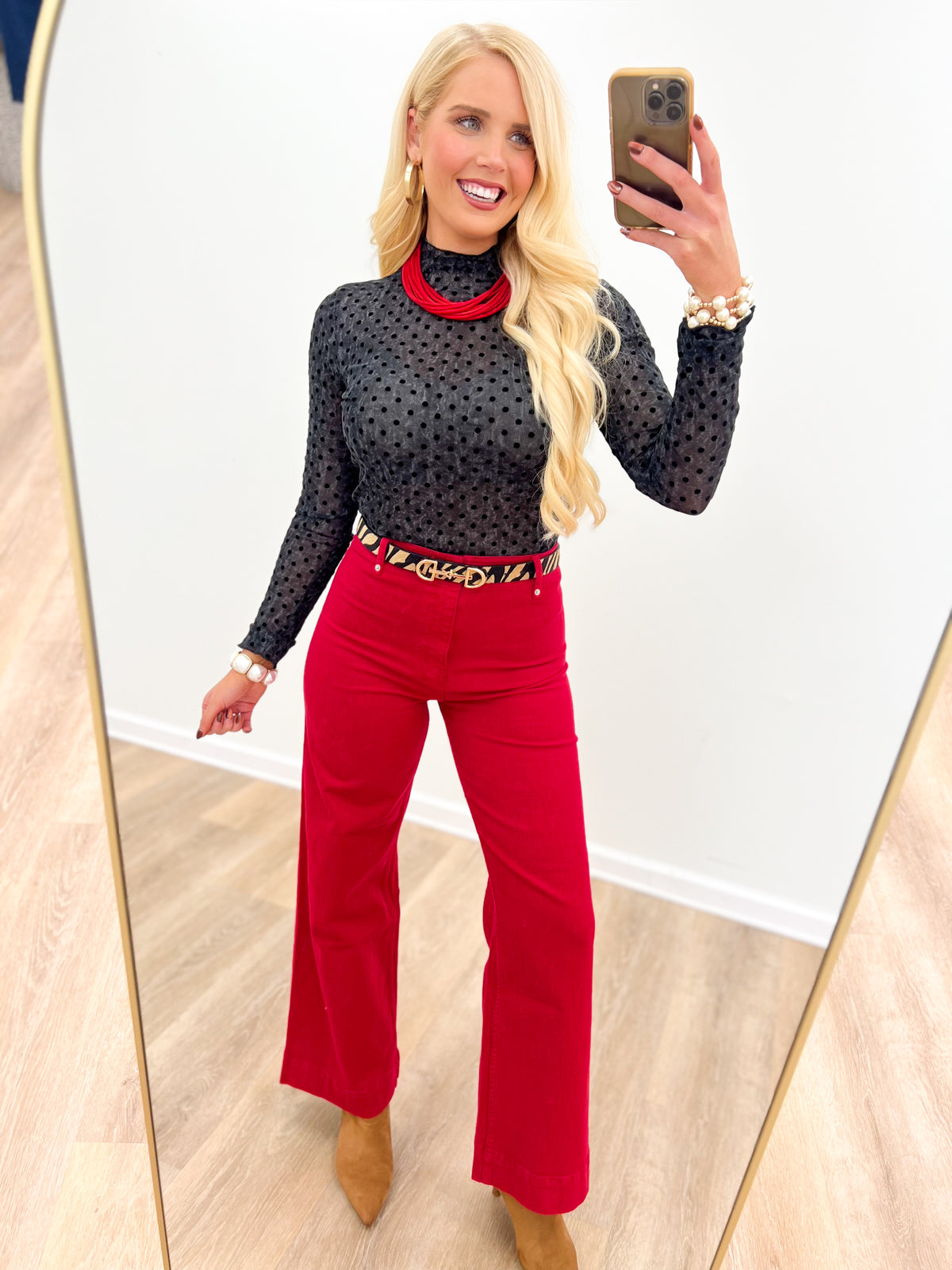 Women’s high-rise wide-leg ankle pants in Cornell Red, with belt loops and pockets