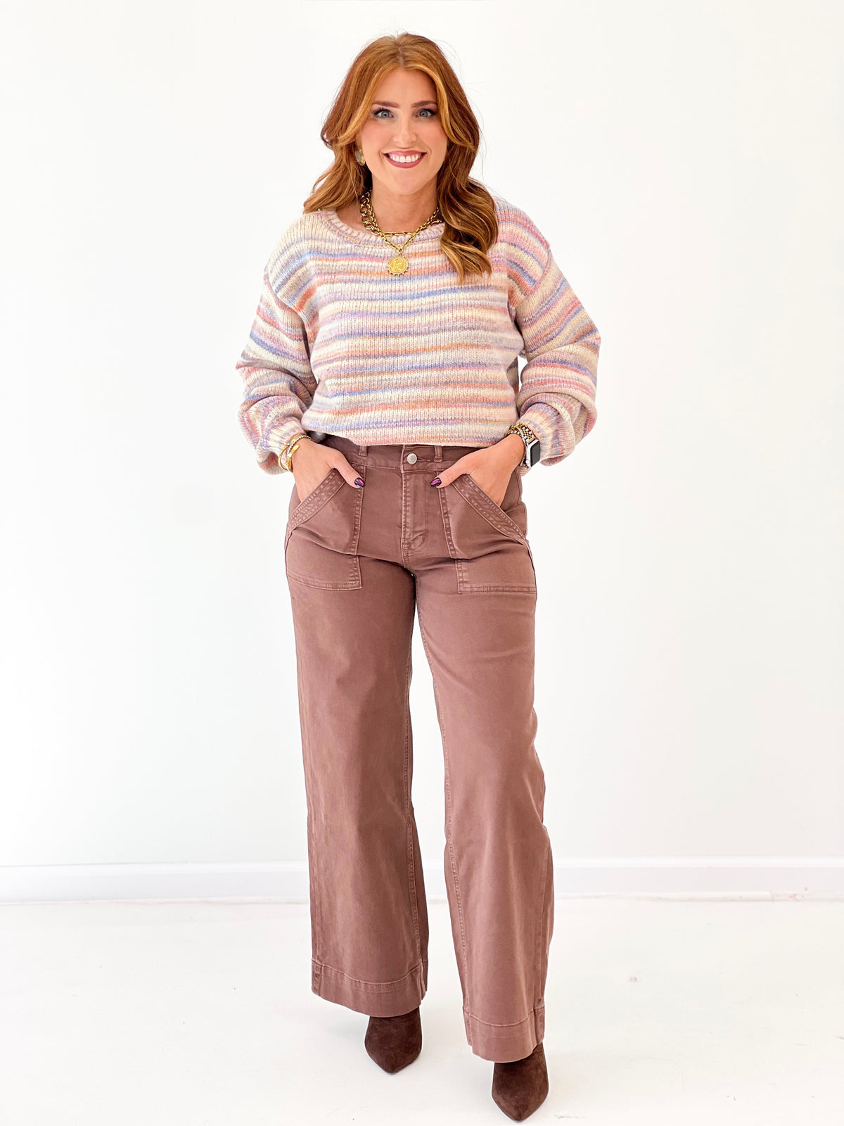 Pastel multicolor striped wide-neck sweater with long sleeves and relaxed shape