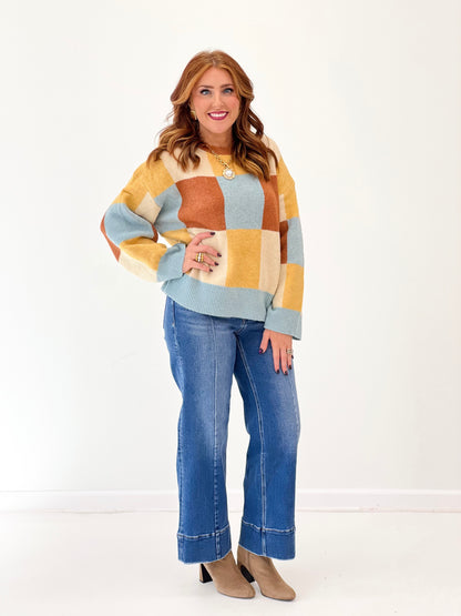 Colorblock pullover sweater with crew neck and geometric blocks, relaxed fit