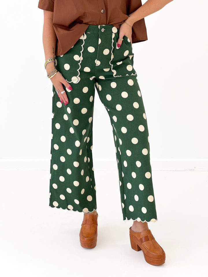 Green polka dot wide-leg pants with high rise waist and cropped straight fit