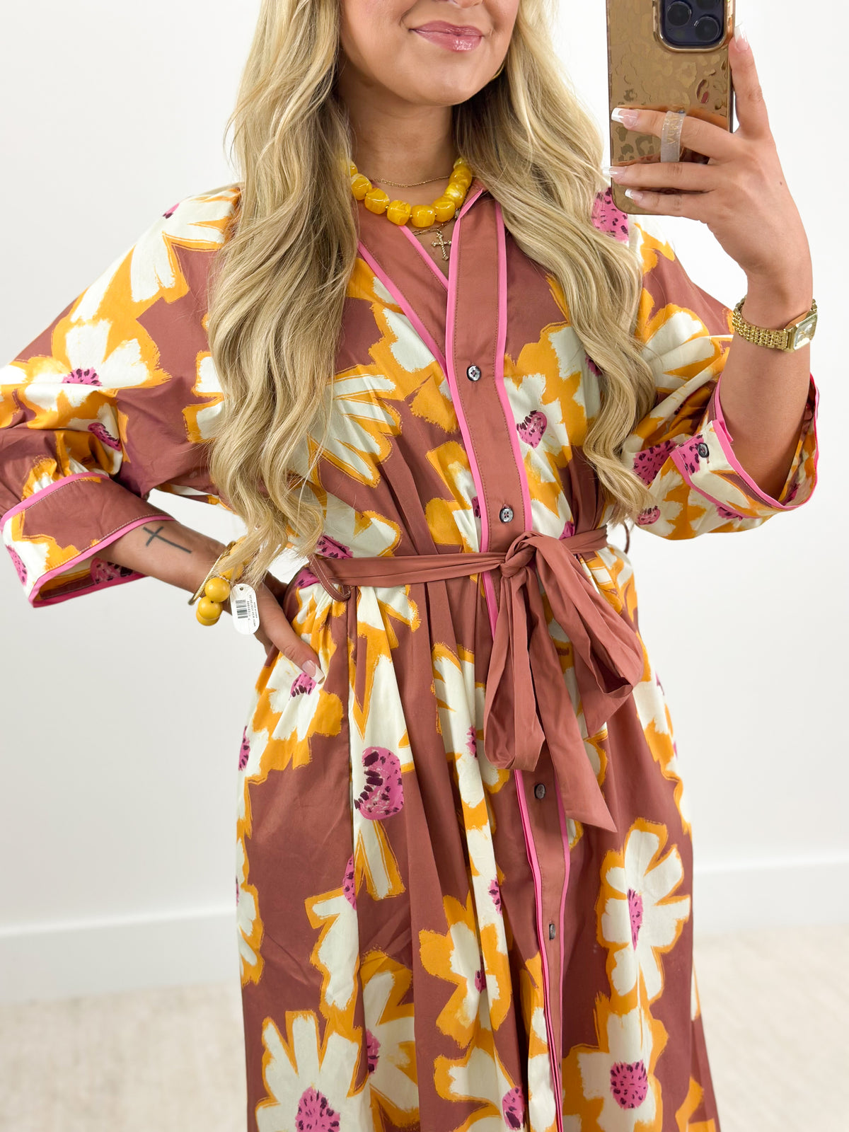 Floral print midi shirt dress with button front and tie waist, long sleeves, camel
