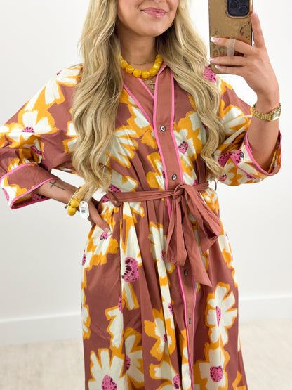 Floral print midi shirt dress with button front and tie waist, long sleeves, camel