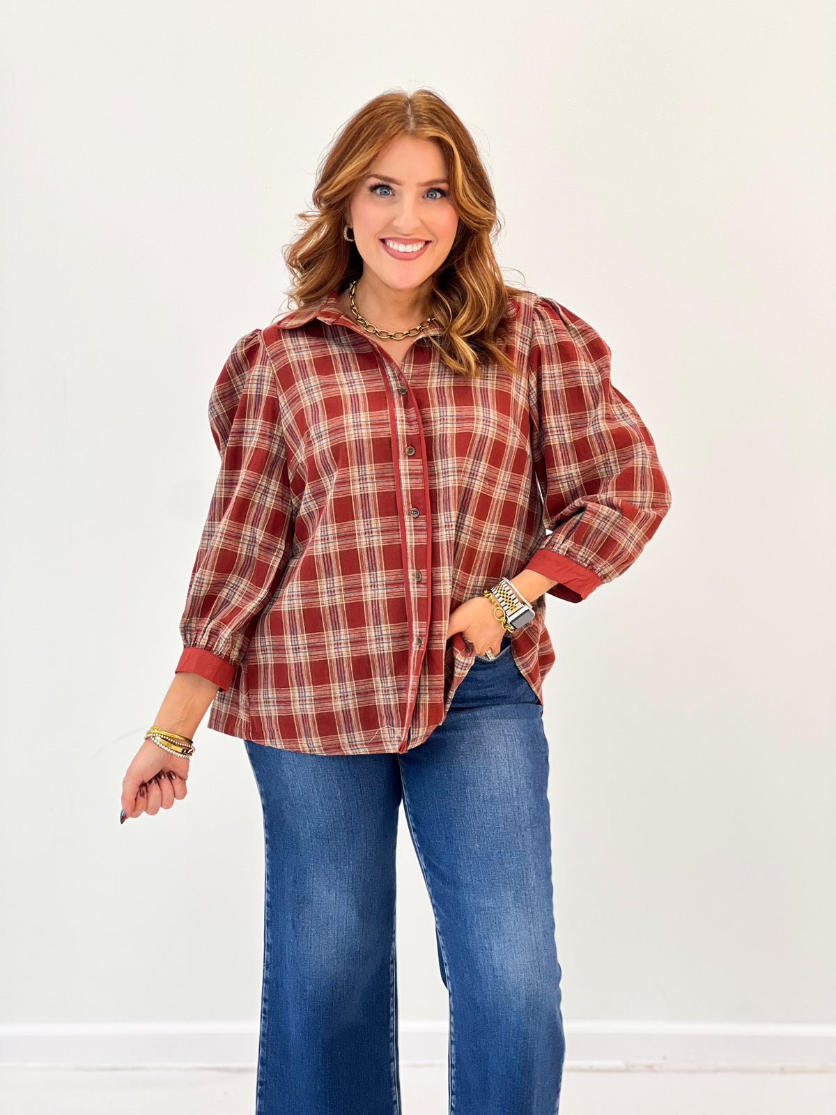 Umgee Plaid Button Front Puff Sleeve Blouse