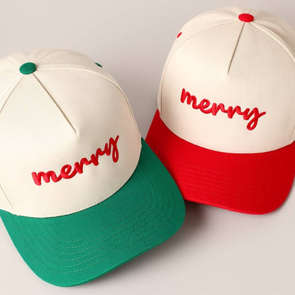 Red and green bill merry baseball caps side by side