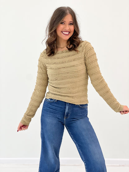 Layered ruffle lace top, long sleeve, light tan textured rows across chest