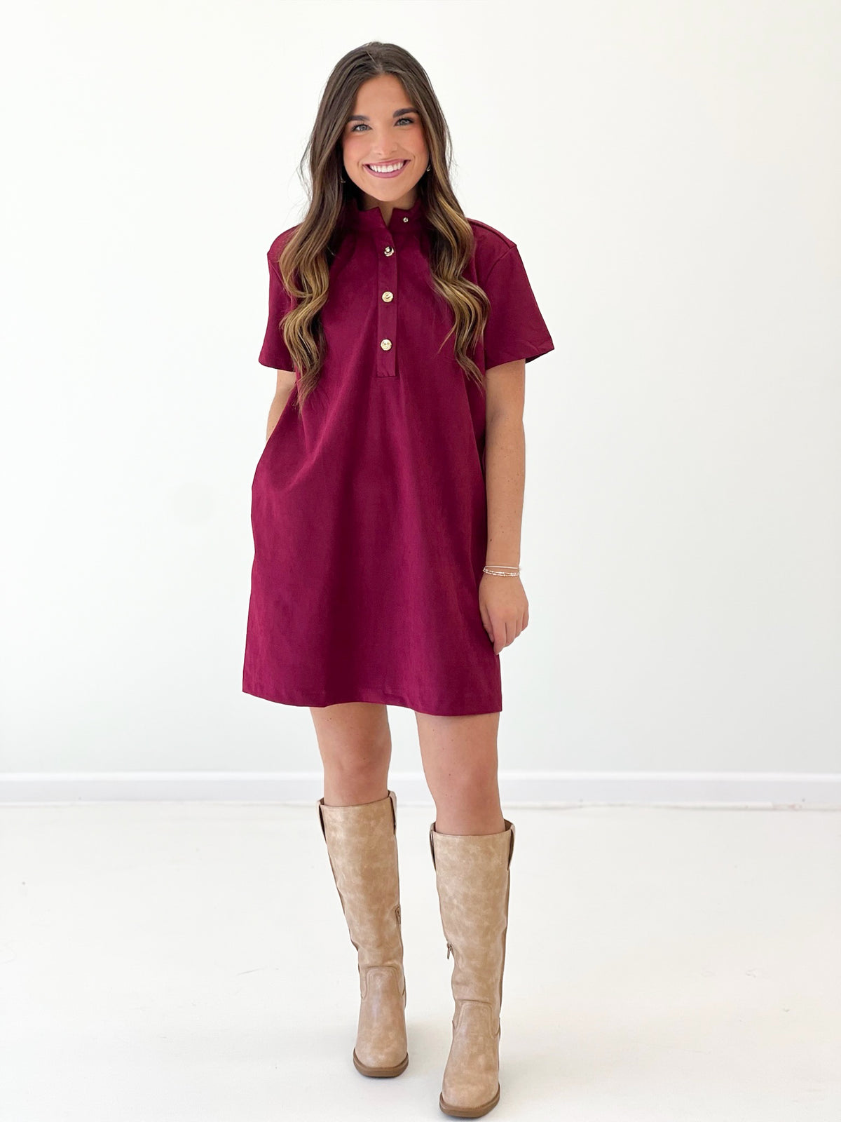 Plum short-sleeve button mini dress with stand collar