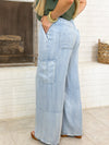 Light Denim Chambray Elastic Cargo Pants